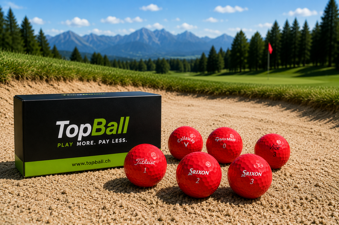 Rote gebrauchte Marken-Golfbälle mit TopBall-Schachtel im Bunker eines Golfplatzes vor Bergpanorama.