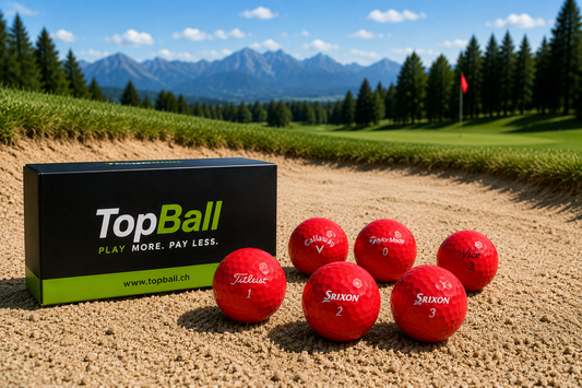 Rote gebrauchte Marken-Golfbälle mit TopBall-Schachtel im Bunker eines Golfplatzes vor Bergpanorama.