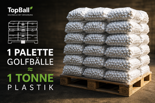 1 Palette mit gebrauchten Golfbällen entspricht rund 1 Tonne Plastik – nachhaltige Wiederverwendung von Golfbällen bei TopBall