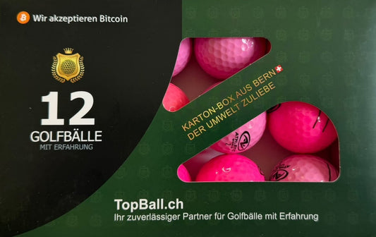 Farbige Pink 12er Karton-Box mit pinken gebrauchten Golfbällen / Lakeballs von TopBall Schweiz
