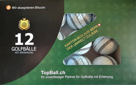 TaylorMade Penta TP5 Golfbälle mit charakteristischen schwarzen Ausrichtungslinien in nachhaltiger TopBall 12er Box