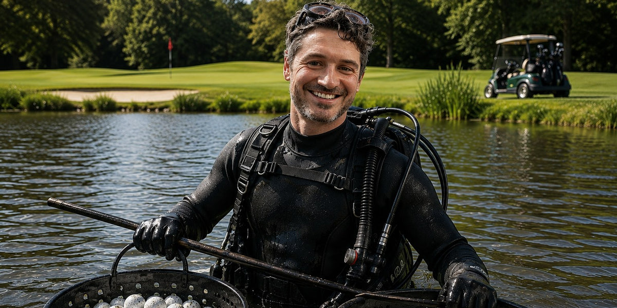 Patrick Roth von TopBall mit zwei Netzen voller Golfbälle im Wasser – Golfbälle mit Erfahrung aus Bern