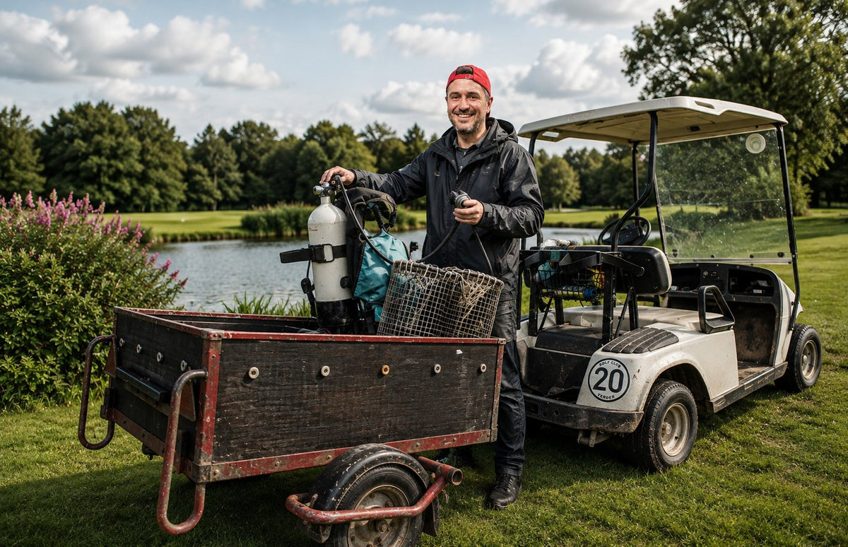 Patrick Roth mit Tauchflasche und Golfcart am Weiher – so werden Golfbälle mit Erfahrung geborgen